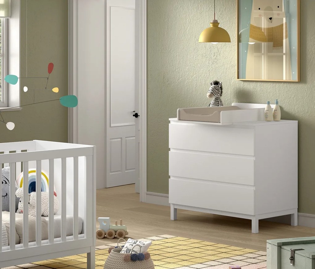 Set Complet Cameră Copii EVA: Pătuț Transformabil 70x140 cm, Comodă cu 3 Sertare, Masă de Înfășat și Dulap 2 Uși, Alb – Vipack