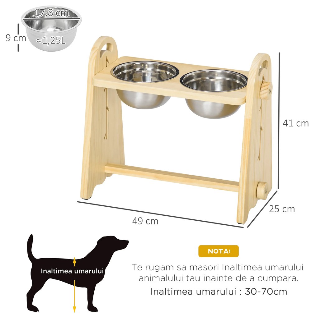 Stație de Hrănire Dublă PawHut pentru Câini, Boluri din Oțel Inoxidabil pe Suport de Lemn, Design Elegant 49x25x41cm | Aosom Romania