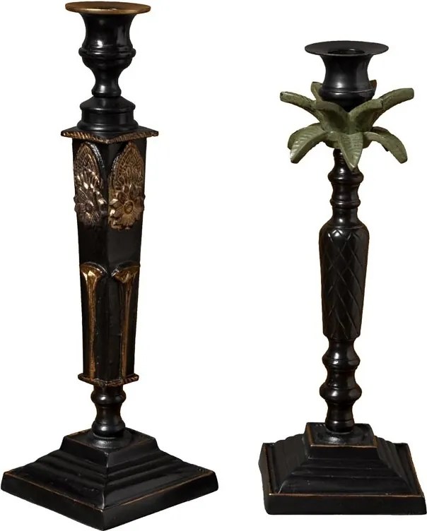 Set 2 sfeșnice din aluminiu și alamă cu motive de palmier și flori sculptate, negru-auriu-verde, finisaj patinat, 30×10 cm, „Empire"
