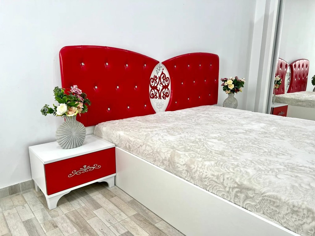 Dormitor Viena, culoare alb / rosu, cu pat tapitat 160 x 200 cm, dulap cu 2 usi, comoda cu oglinda, 2 noptiere si saltea