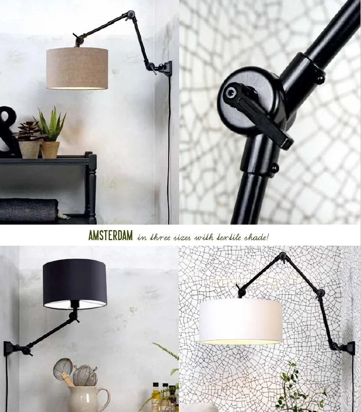 Aplica cu brat articulat Amsterdam S, abajur textil alb