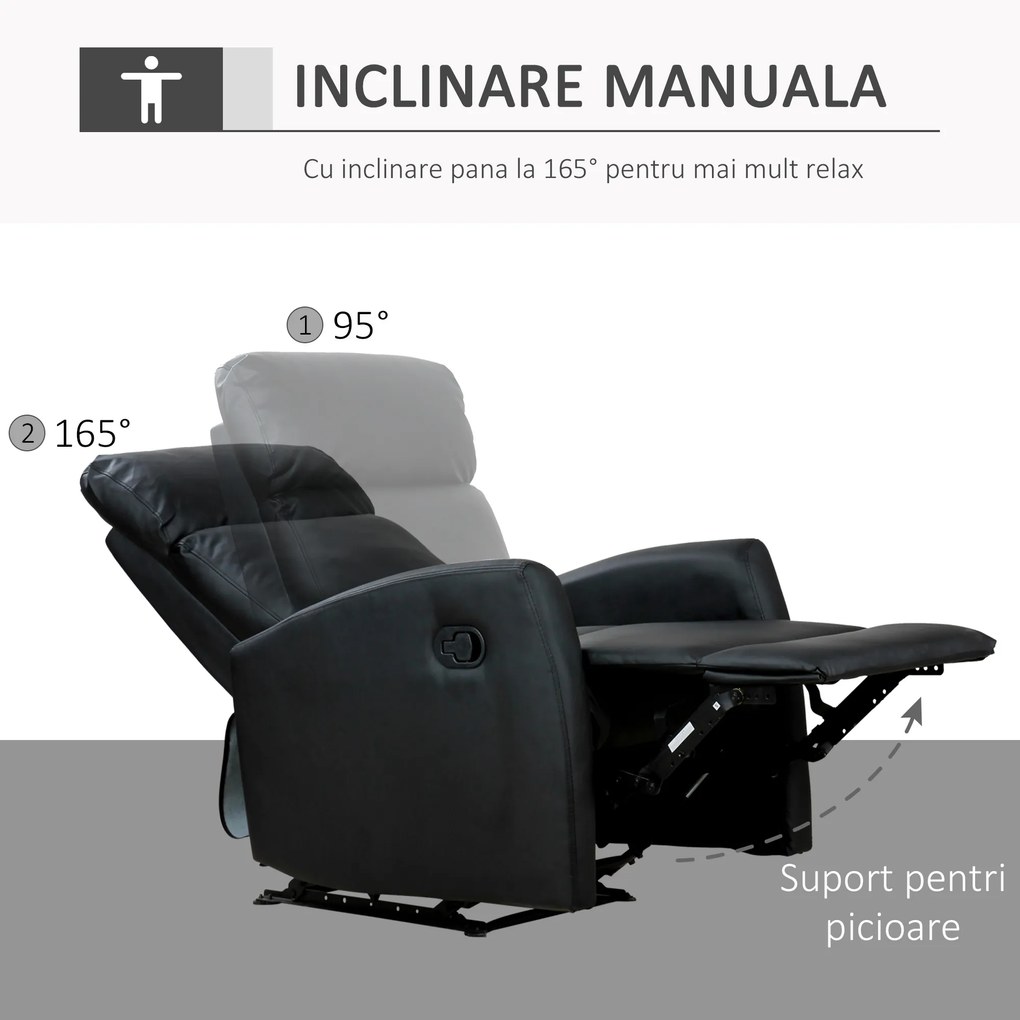 HOMCOM Fotoliu Relax Rabatabil Ergonomic Piele Sintetica 65 × 92 × 100cm, Negru | Aosom Romania