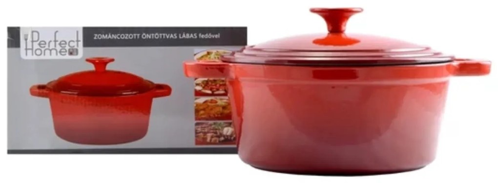 Oală din fontă emailată cu capac 26 cm, 5.2L – Perfect Home 10566, roșie, ideală pentru friptură și pâine, compatibilă cu toate tipurile de plite și