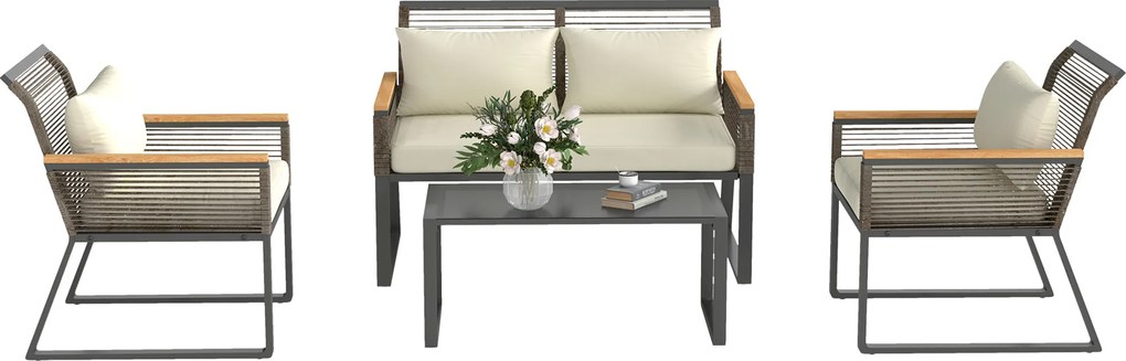 Outsunny Set mobilier de grădină din polyrattan pentru 4 persoane, rezistent la intemperii, set balcon cu canapea 2 locuri, 2 scaune, masă cu sticlă, perne Bej | Aosom Romania