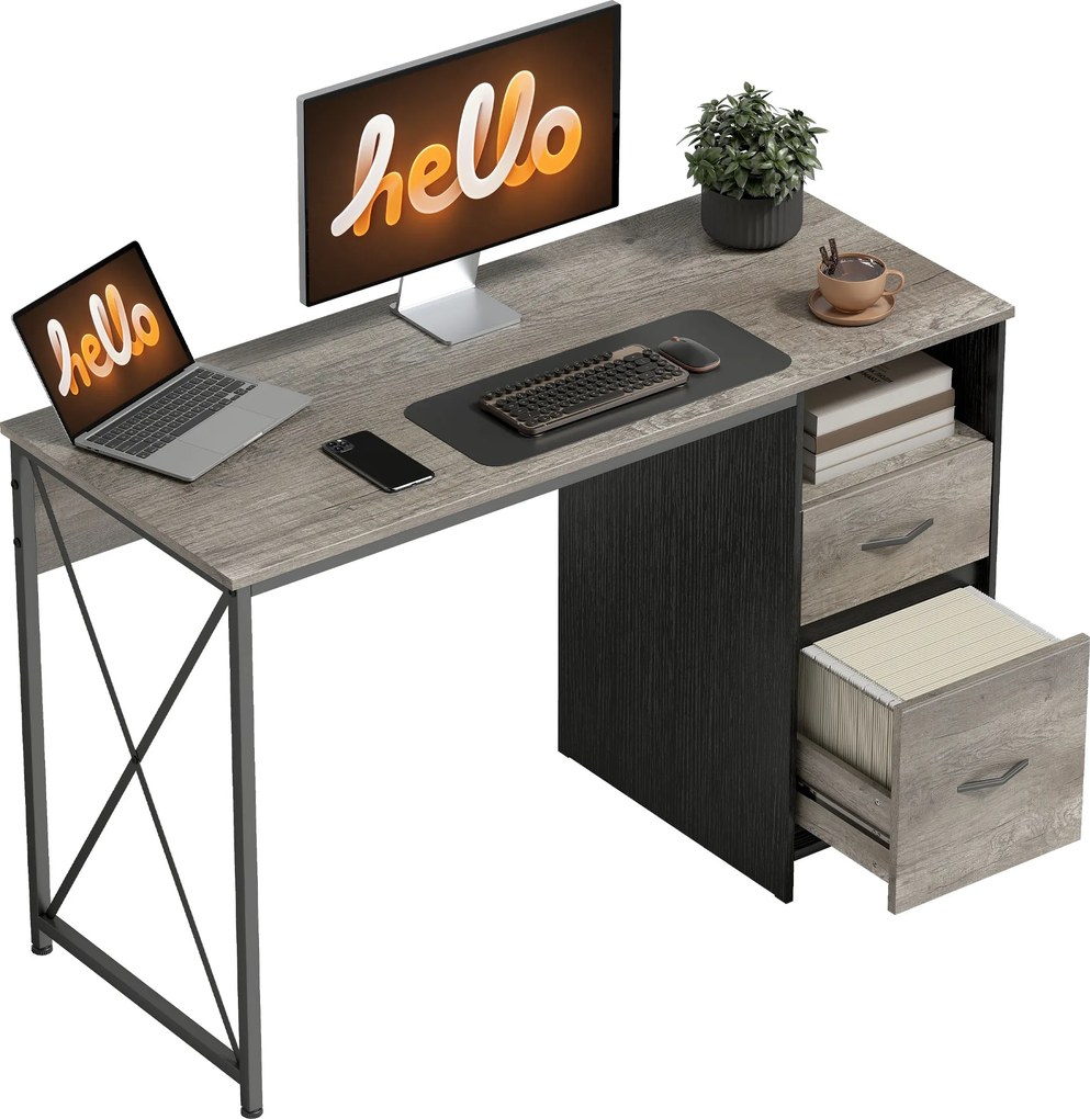 HOMCOM Masă pentru calculator 120x50 cm Birou industrial cu compartiment și 2 sertare pentru birou Gri deschis | Aosom Romania