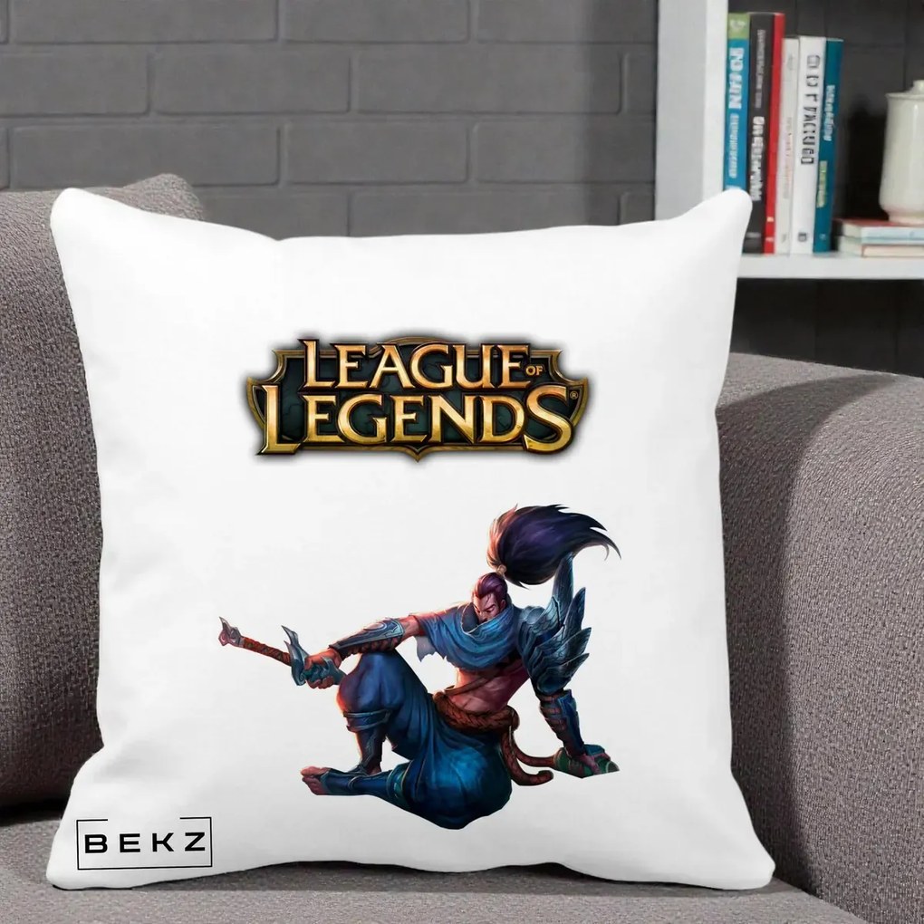 Perna Personalizata League of Legends Yasuo, 40x40 cm, Alba Mata, Husa Detasabila, Perna Inclusa, BEKZ®