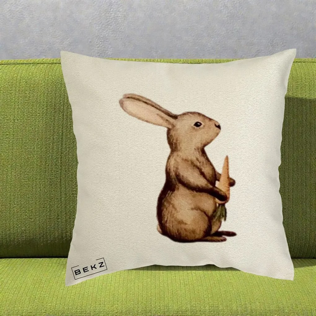 Perna Decorativa Iepuras Acuarela cu Morcov, 40x40 cm, Ecru, Husa Detasabila, Perna Inclusa, BEKZ®