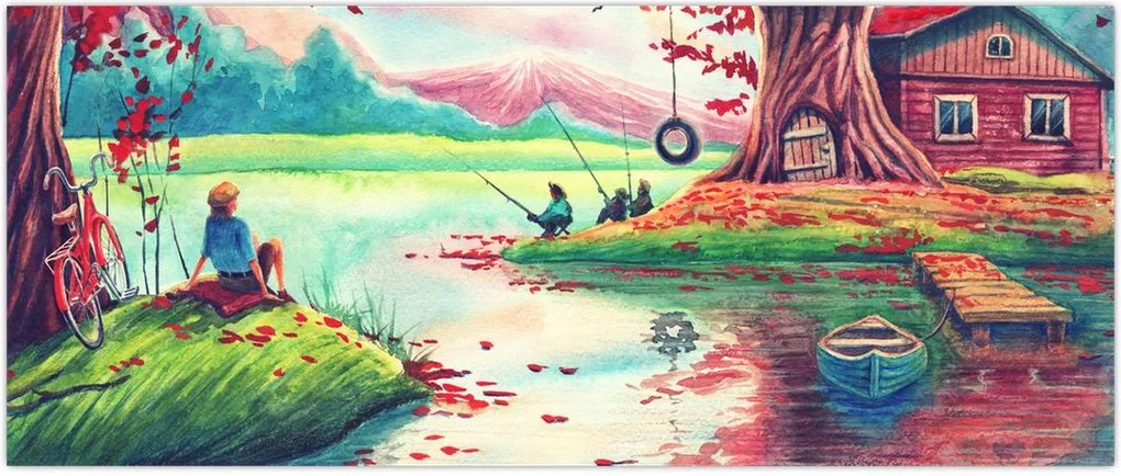 Tablou - Acuarelă, Golf într-un sat de munte (120x50 cm)