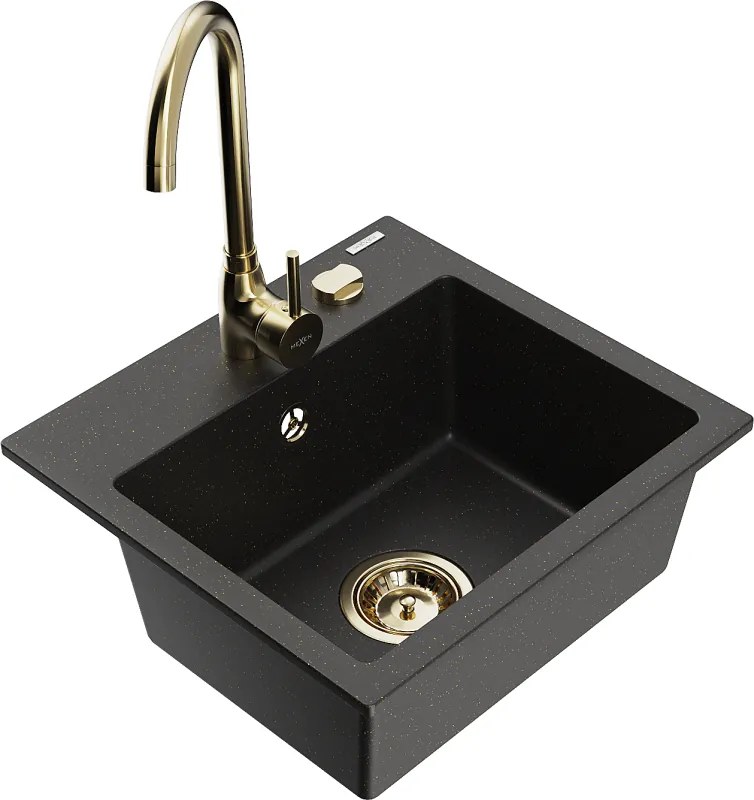 Mexen Milo chiuvetă de bucătărie din granit cu 1 compartiment și baterie Telma, negru/auriu - 6505-75-670200-50