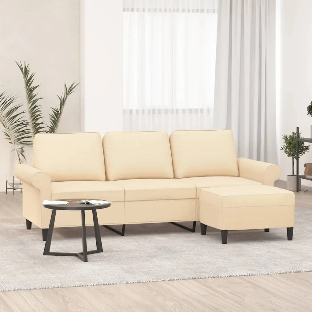 3153653 vidaXL Canapea cu 3 locuri cu taburet, crem, 180 cm, material textil