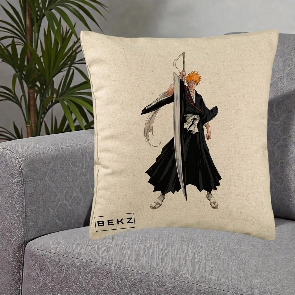 Perna Personalizata Bleach Ichigo Kurosaki Zangetsu, 40x40 cm, Bej, Husa Detasabila, Perna Inclusa, BEKZ®