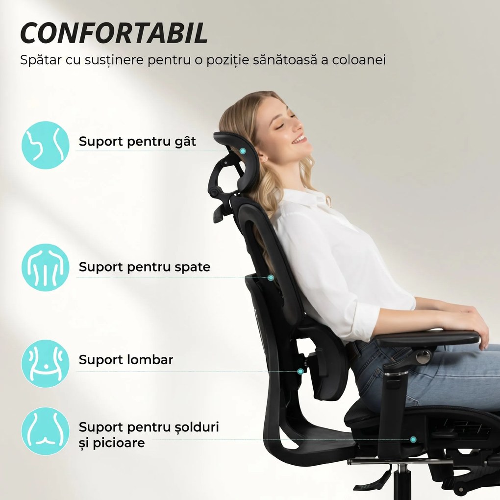 HOMCOM Scaun de Birou Ergonomic din Plasă cu Cotiere, Tetieră, Spătar Reglabil, Funcție Legănare, Negru | Aosom Romania