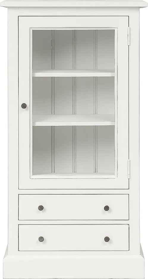 Vitrină îngustă shabby chic din lemn de pin, alb, cu 1 ușă vitrată, 2 rafturi și 2 sertare, finisaj patinat, 120 x 60 x 33 cm, „Lison”
