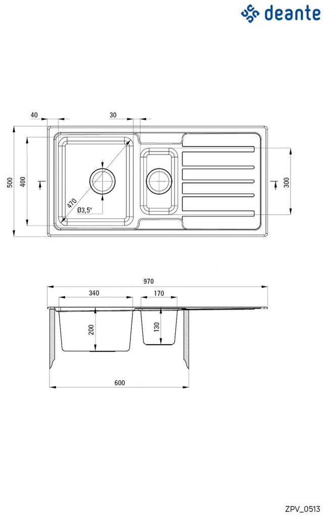 Chiuvetă din inox, 1,5-cuve cu picurător, Virgo, ZPV_0513