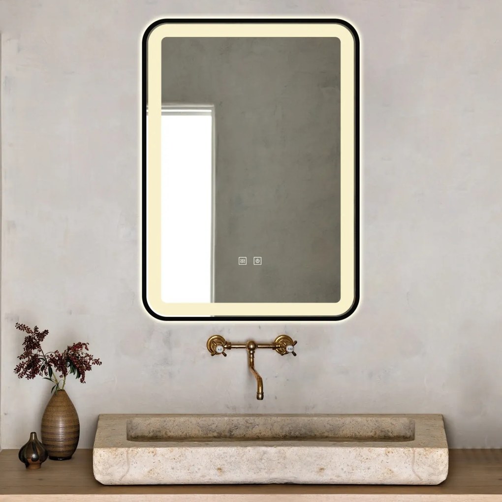 Oglindă Baie LED și Dezaburire Elit's Premium cu Senzor Touch, Lumina Rece, Caldă și Neutră, 50x70cm, cu rama Negru Antichizat
