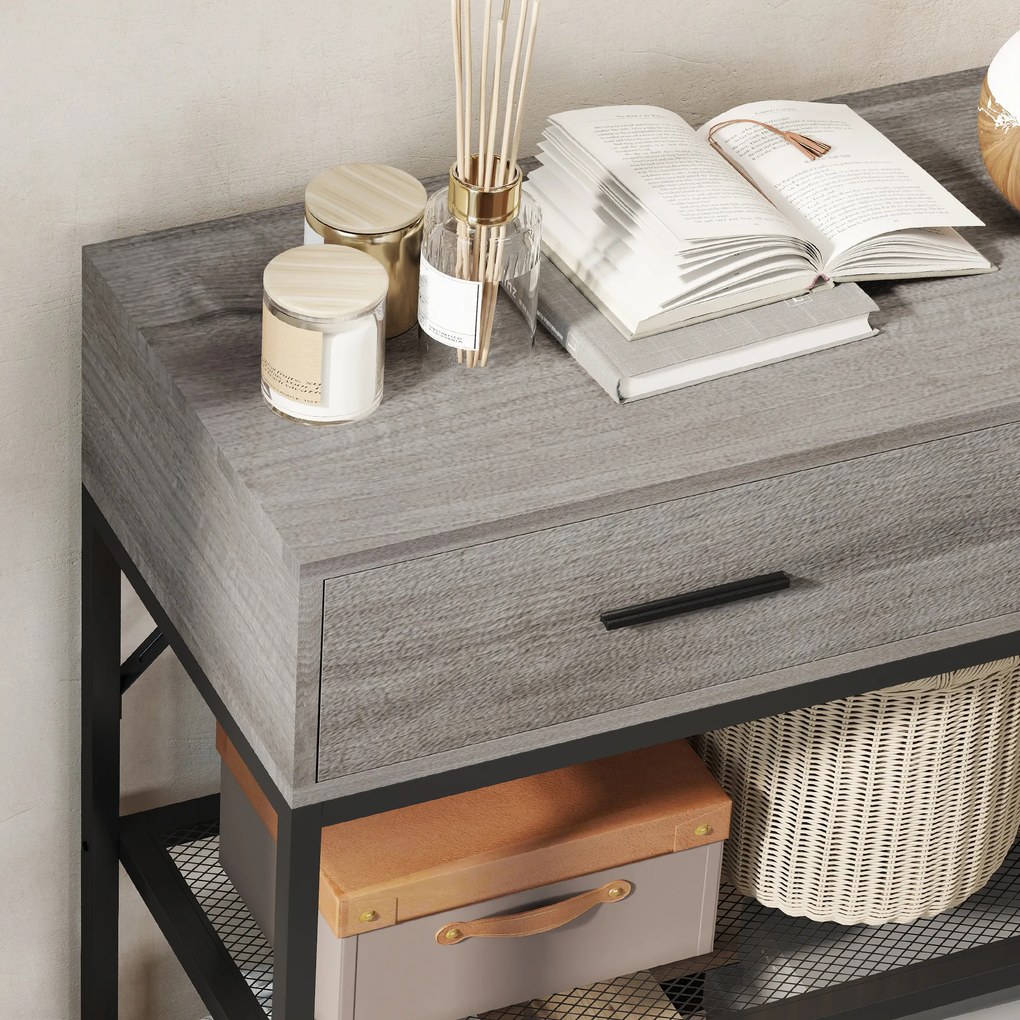 HOMCOM Console Table with 2 Drawers and 2 Mesh Shelves, Hallway Table with Metal Frame for Living Room, Entryway, Light Grey Wood Effect | Aosom Romania
