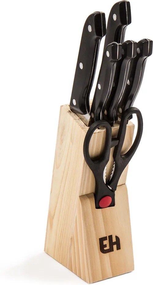 Set de cuţite de bucătărie, 5 buc. + foarfecă, în stativ din lemn