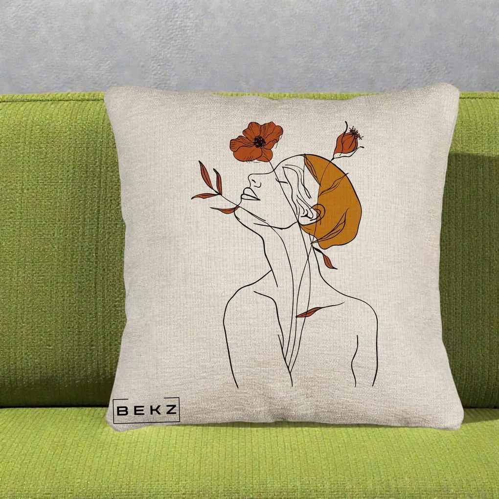 Perna Decorativa Portret Feminin Mac Privire Inalta, 40x40 cm, Bej Canapea, Husa Detasabila, Perna Inclusa, BEKZ®