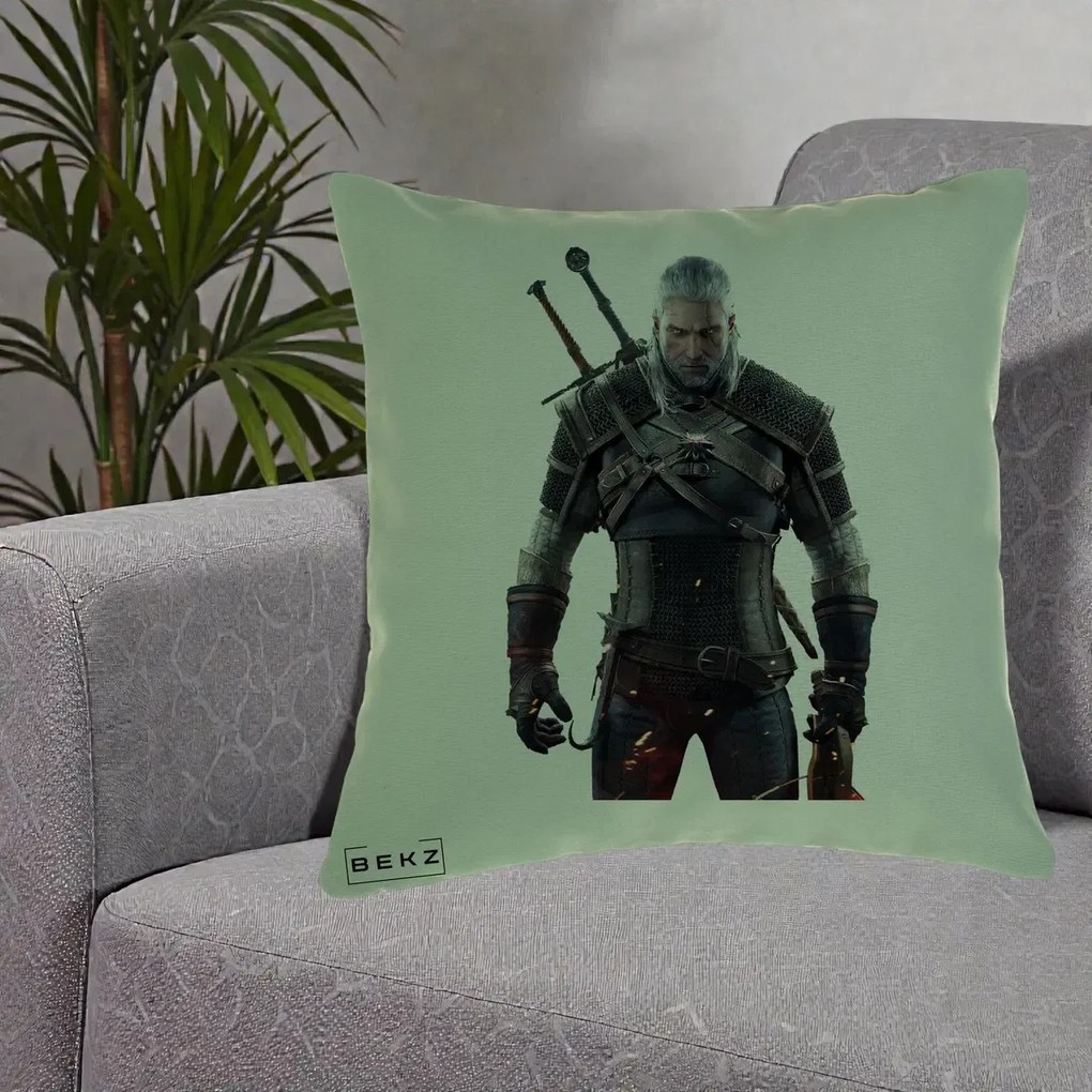 Perna Personalizata The Witcher Geralt of Rivia Portret, 40x40 cm, Verde, Husa Detasabila, Perna Inclusa, BEKZ®
