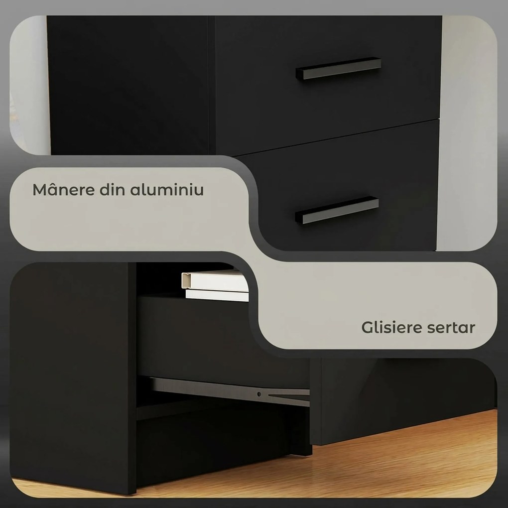 HOMCOM Birou Modern din Lemn cu 3 Sertare și Raft Deschis, 100x40x75 cm, Negru și Maro | Aosom Romania