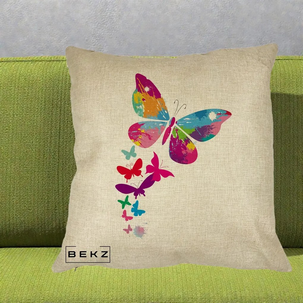 Perna Decorativa Fluturi Splash, 40x40 cm, Crem, Husa Detasabila, Perna Inclusa, BEKZ®