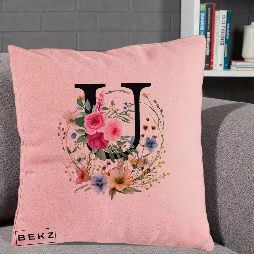 Cadou Personalizat - Perna Personalizata Monogram Litera U cu Flori Acuarela, 40x40 cm, Roz, Husa Detasabila, Perna Inclusa, BEKZ®