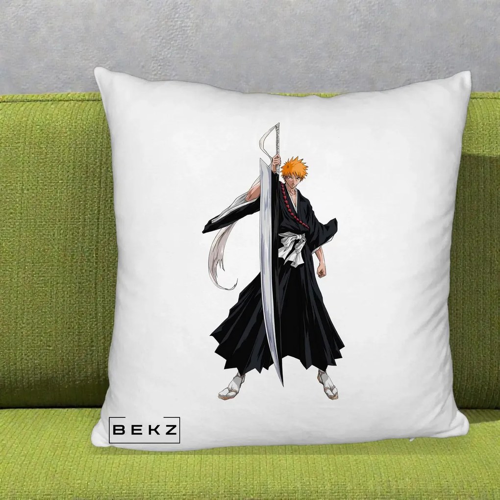Perna Personalizata Bleach Ichigo Kurosaki Zangetsu, 40x40 cm, Alb Pufos, Husa Detasabila, Perna Inclusa, BEKZ®