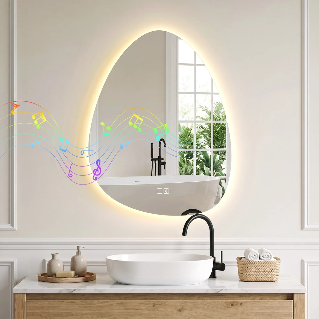 HOMCOM Oglindă de baie cu LED, 3 culori, 50x70 cm, neregulată, Bluetooth, anti-aburire, touch | Aosom Romania