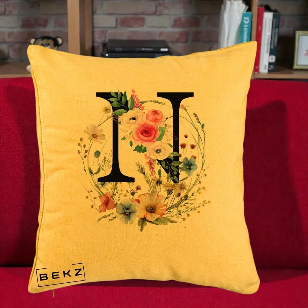 Cadou Personalizat - Perna Personalizata Monogram Litera N cu Flori Acuarela, 40x40 cm, Galben, Husa Detasabila, Perna Inclusa, BEKZ®