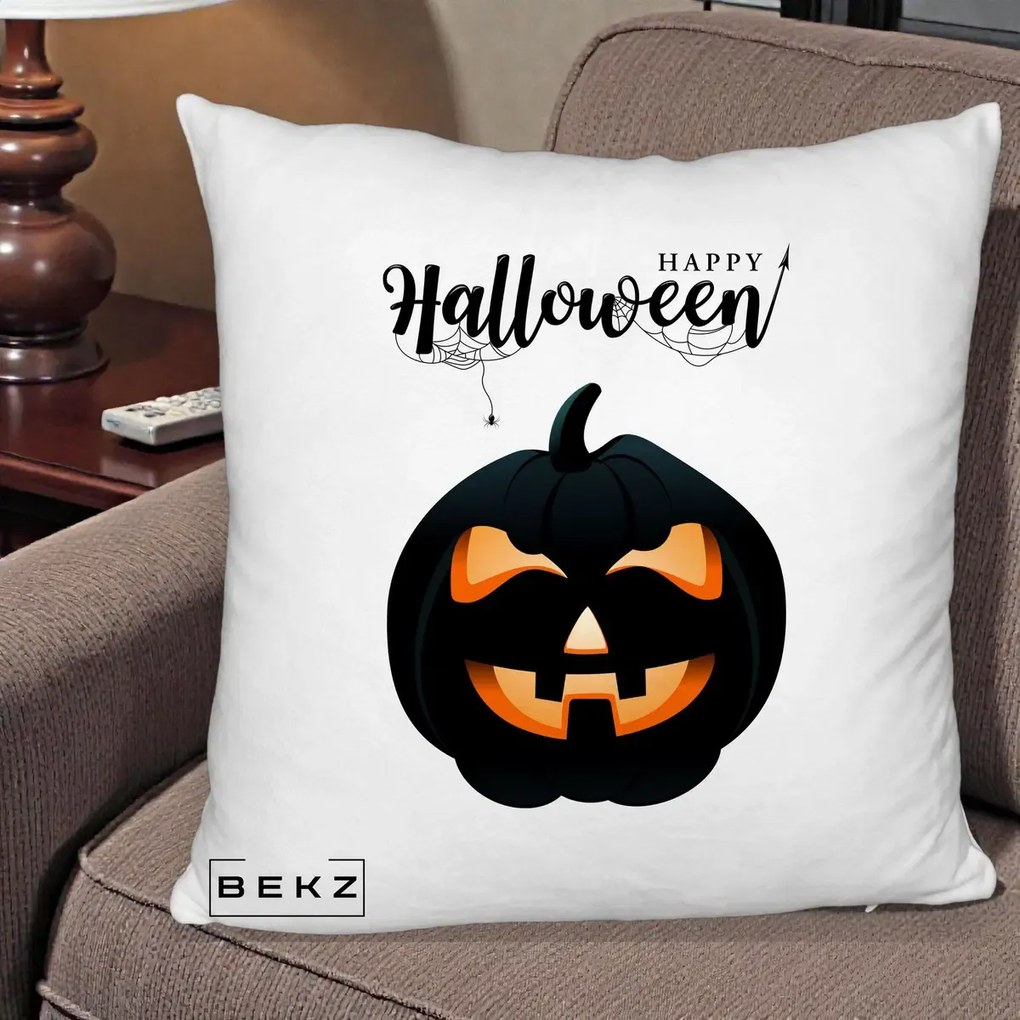 Perna Decorativa Happy Halloween Dovleac Negru cu Paianjen, 40x40 cm, Alb Pufos, Husa Detasabila, Perna Inclusa, BEKZ®