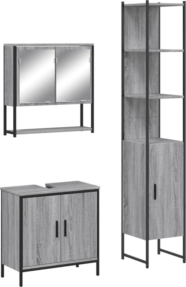 vidaXL Set mobilier de baie, 3 piese, gri sonoma, lemn prelucrat