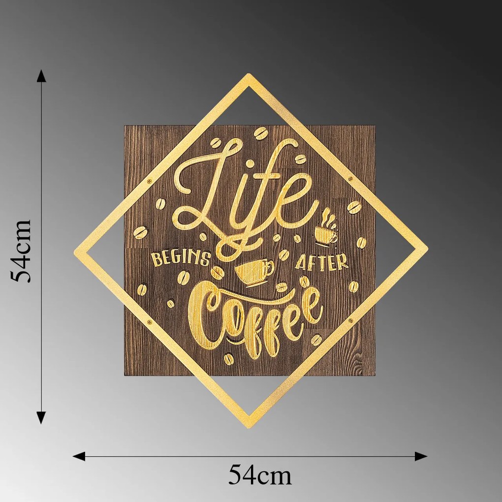 Accesoriu decorativ de perete din lemn Life begins after coffee auriu