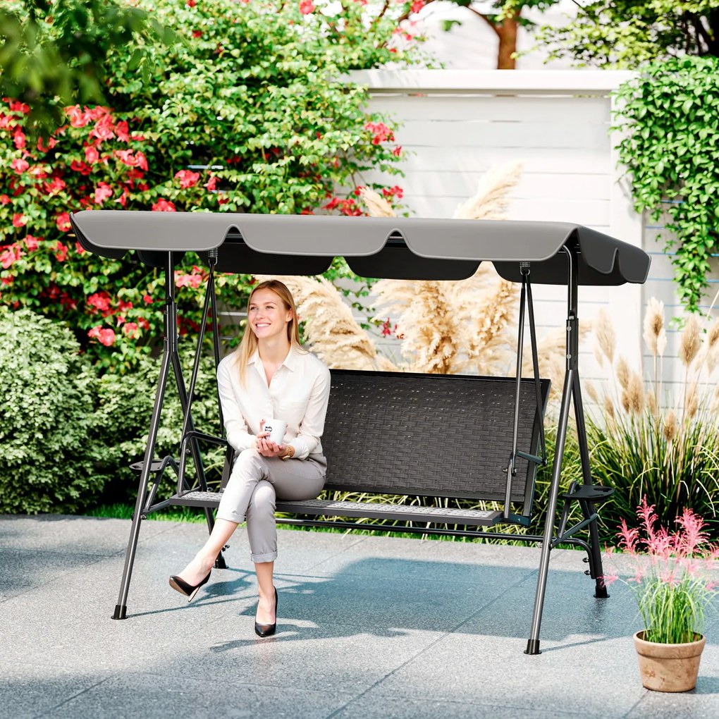 Outsunny Leagăn de Grădină 3 Locuri din Ratan PE cu Acoperiș Reglabil și Suporturi pentru Pahare, Leagăn de Exterior cu Cadru din Oțel, Capacitate 320 kg, 204x112x150 cm, Gri | Aosom Romania