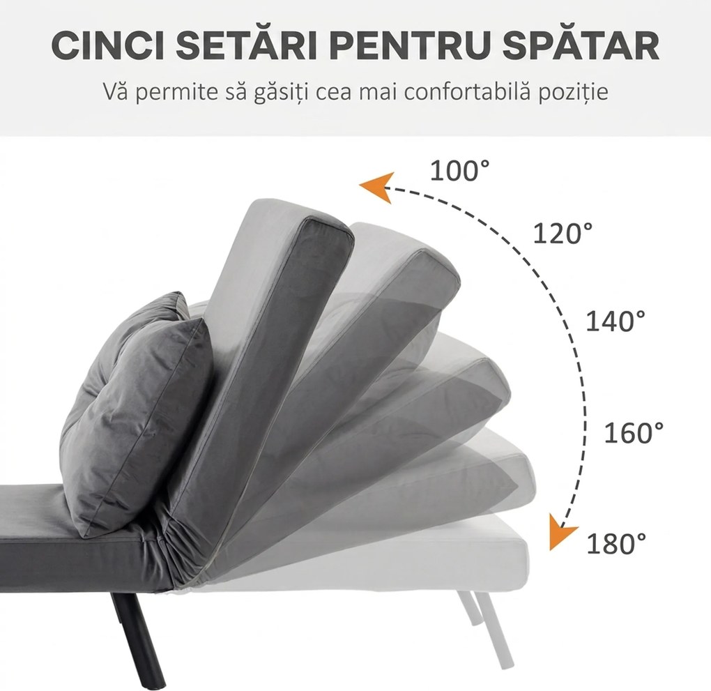 HOMCOM Canapea Extensibilă cu Spătar Reglabil pe 5 Nivele, Canapea Pat Individuală Pliabilă cu Perne, 63x73x81 cm, Gri | Aosom Romania