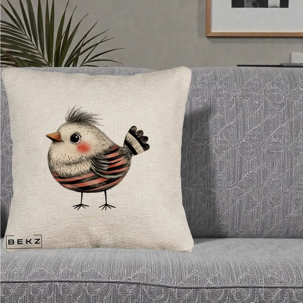 Perna Decorativa Pui Expresiv Dungi Negru-Rosu, 40x40 cm, Bej Canapea, Husa Detasabila, Perna Inclusa, BEKZ®