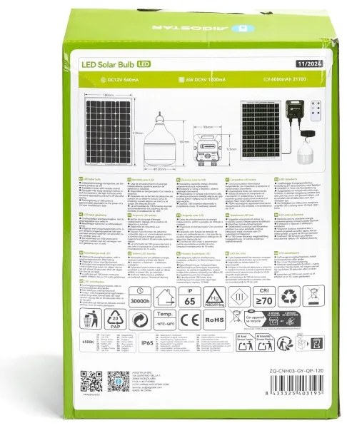 Lustră LED solară cu senzor Aigostar LED/70W/12V 6000 mAh 6500K d. 12 cm
