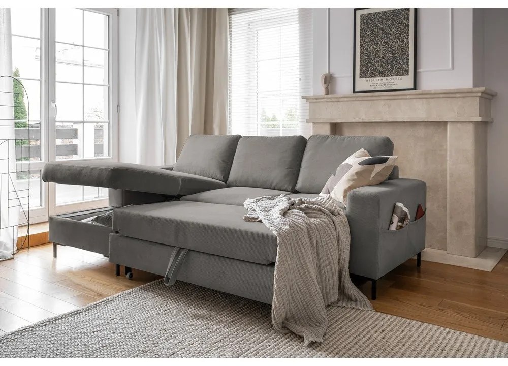 Colțar gri extensibil cu tapițerie din catifea reiată (cu colț pe partea stângă ) Lofty Lilly – Miuform