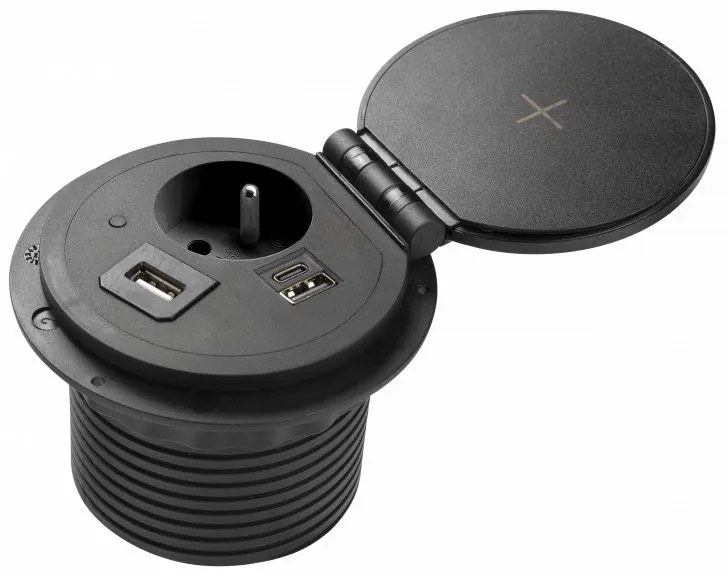 Priza incastrabila model CHARGER PLUS, 1 iesire Schuko, porturi interschimbabile USB-A, RJ45, HDMI, finisaj negru