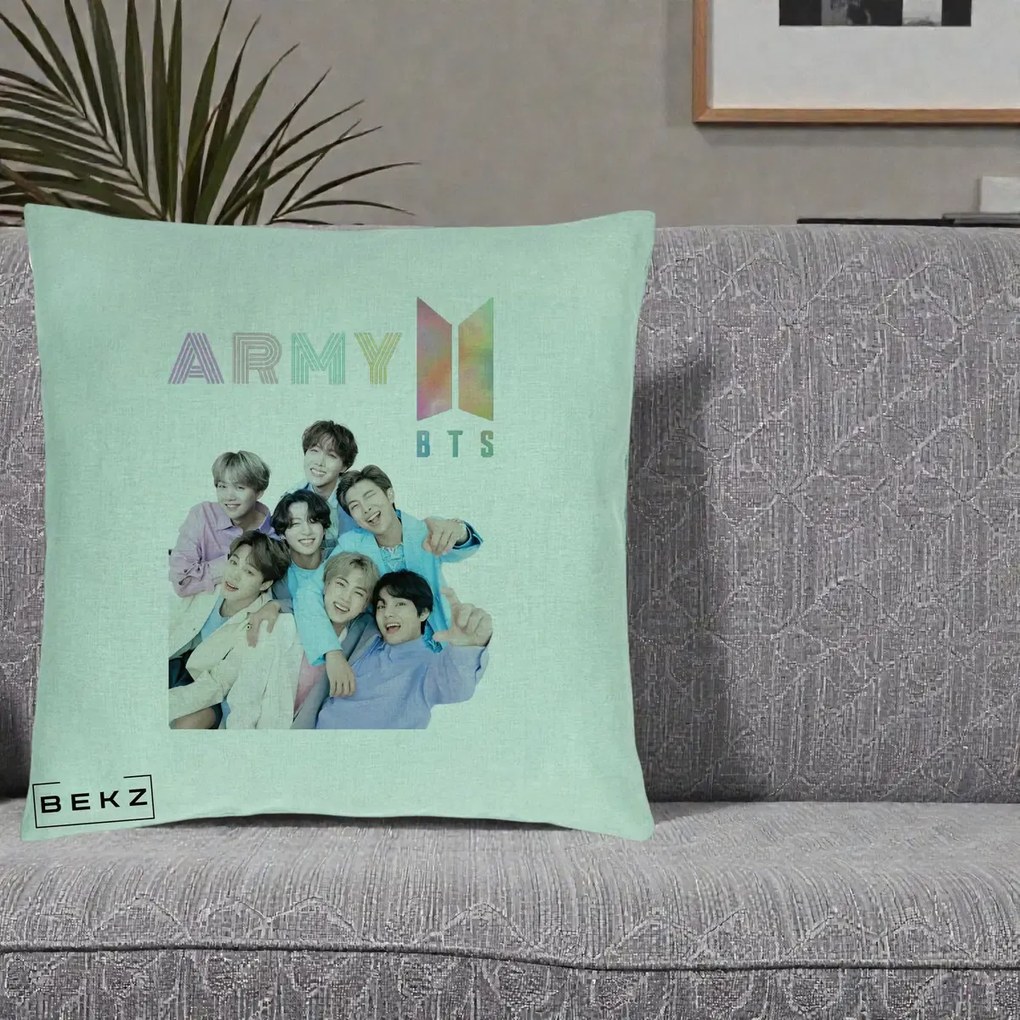 Perna Personalizata K-pop BTS ARMY Fotografie Grup Veseli, 40x40 cm, Verde Menta, Husa Detasabila, Perna Inclusa, BEKZ®