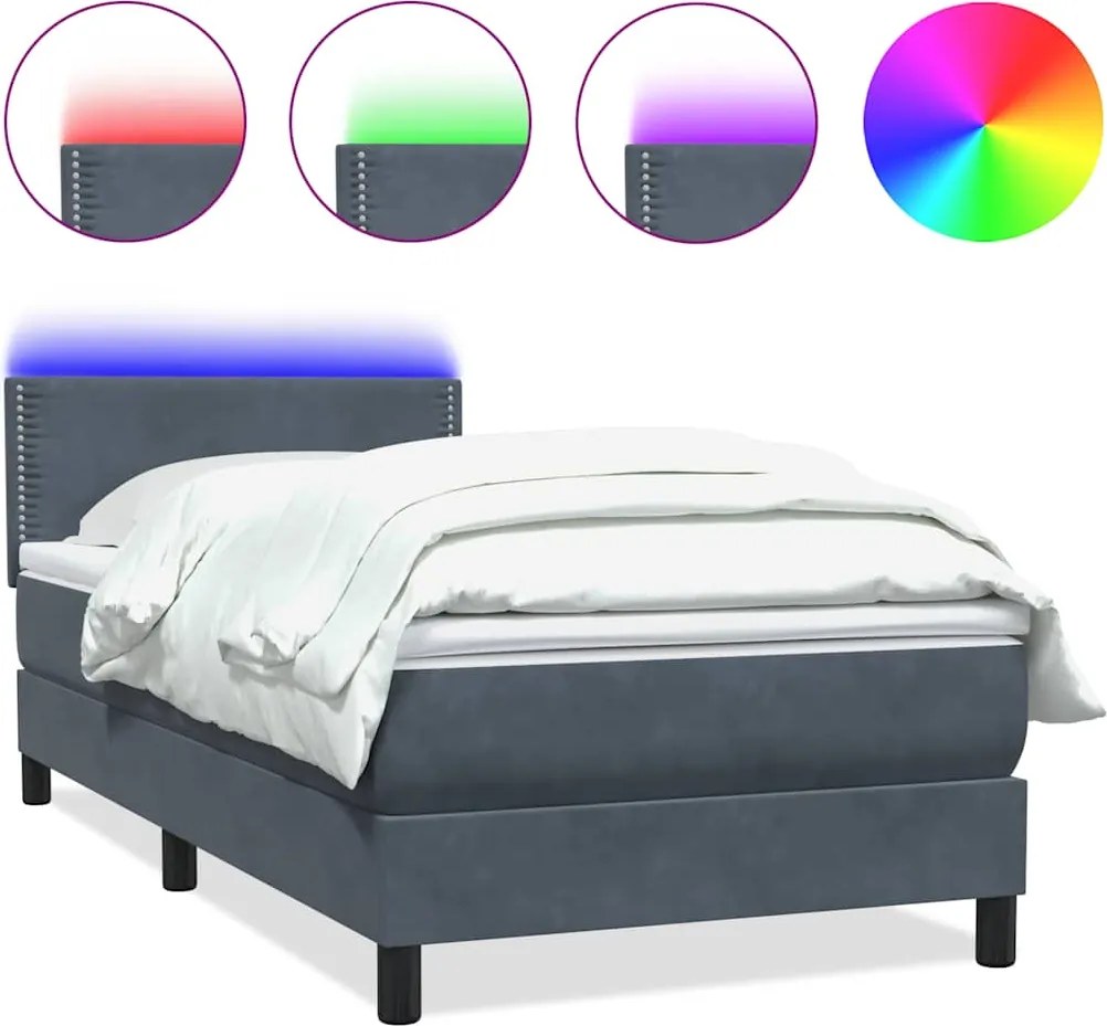 vidaXL Pat cu arcuri cu saltea și LED, gri închis, 90x220 cm, catifea