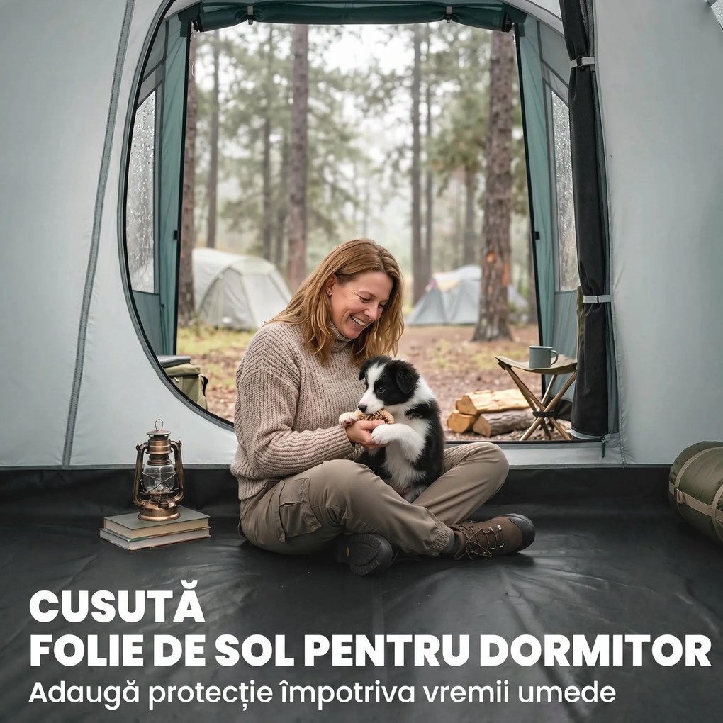 Outsunny Cort de Camping Impermeabil pentru 2-4 Persoane cu Cameră Separată, Cort Tunel cu Geantă de Transport, 460x260x190 cm, Verde | Aosom Romania