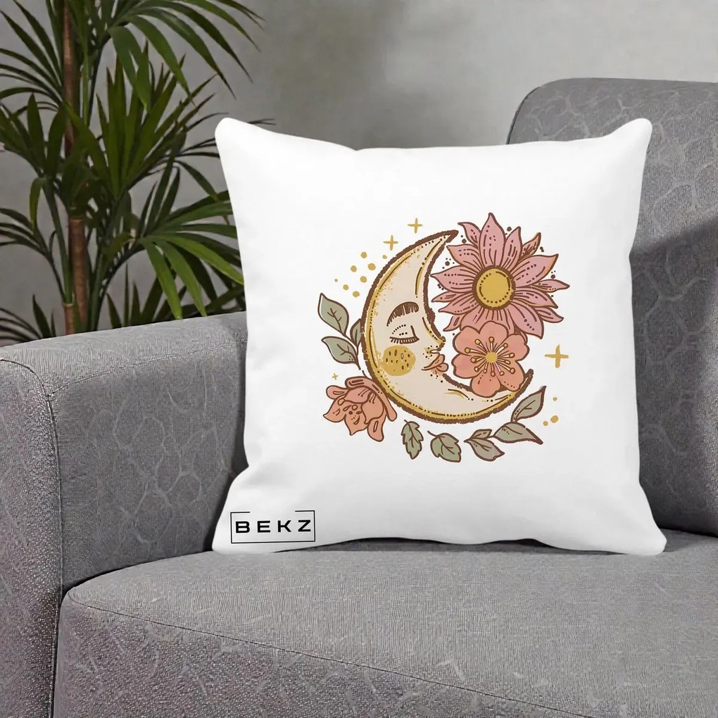 Perna Personalizata Luna Boho Chip Floral, 40x40 cm, Alba Mata, Husa Detasabila, Perna Inclusa, BEKZ®