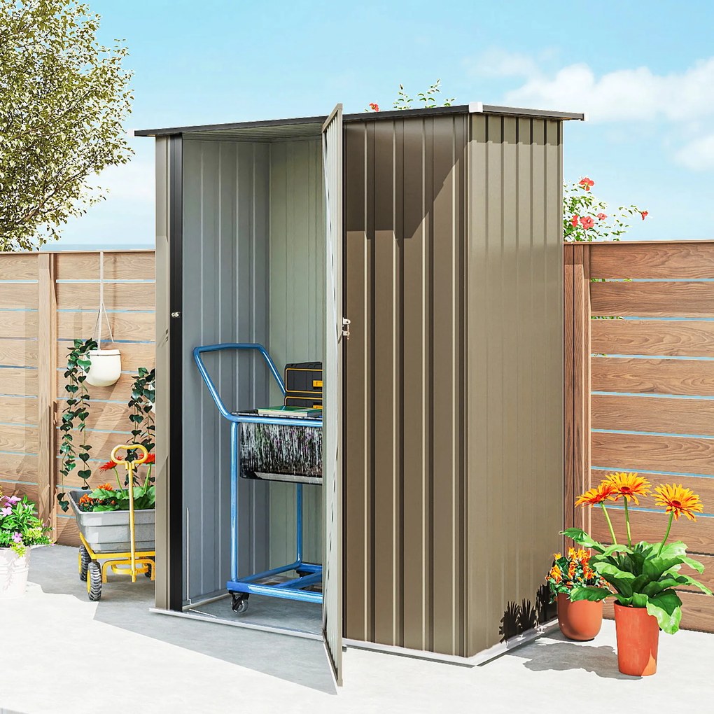Outsunny Căsuță de Grădină 1.07m² din Oțel Zincat, Depozit pentru Unelte cu Ușă Blocabilă, Acoperiș Înclinat, 142x86x189 cm, Maro | Aosom Romania