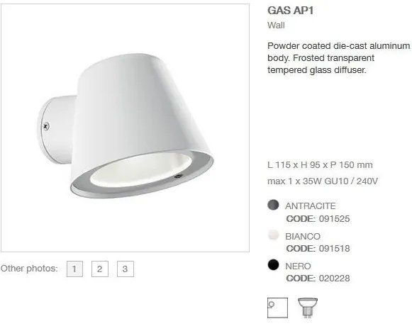 Aplica de exterior cu protectie IP43 GAS AP1 BIANCO 091518