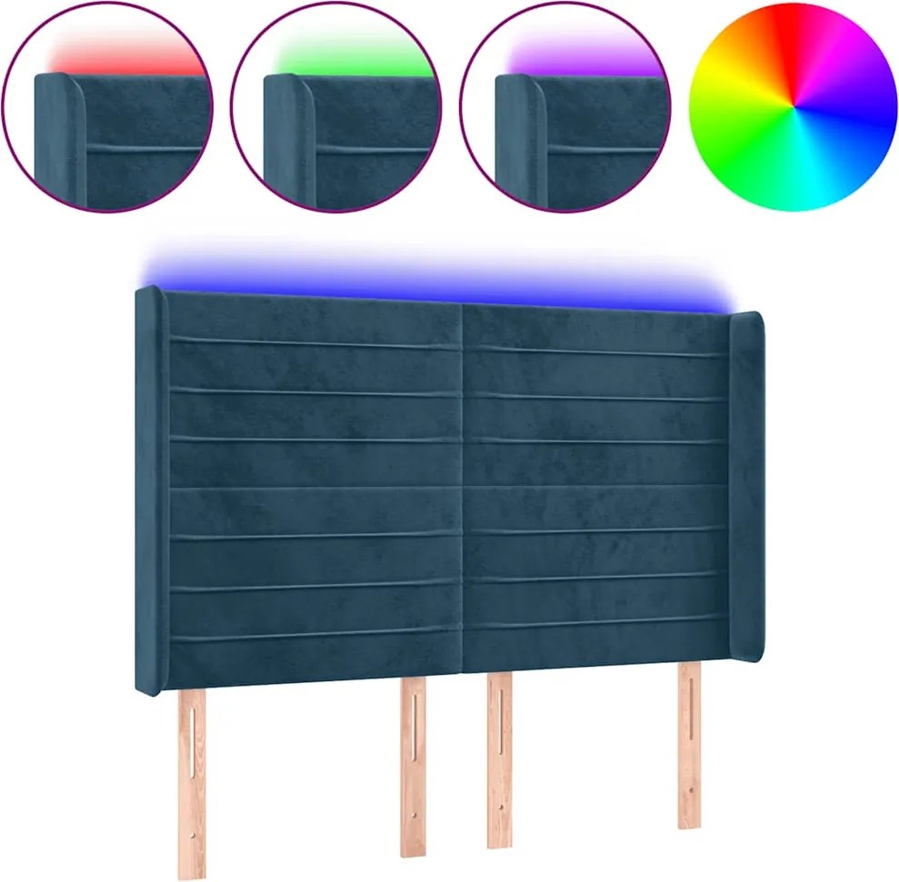 vidaXL Tăblie de pat cu LED, albastru închis, 147x16x118/128cm catifea