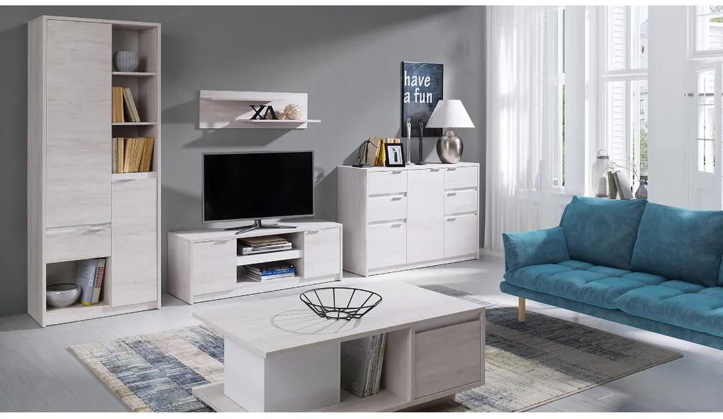 Expedo Mobilă sufragerie KOLOREDO 1 - raft + comodă TV RTV2D + comodă comb. + masă cafea + raft, stejar alb/alb luciu