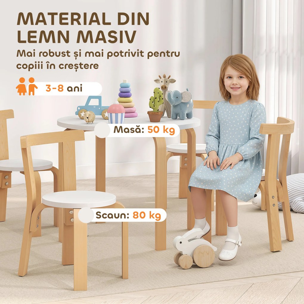 AIYAPLAY Set Masă și Scaune pentru Copii 3-8 Ani 5 piese cu Margini Rotunjite din Lemn Alb | Aosom Romania