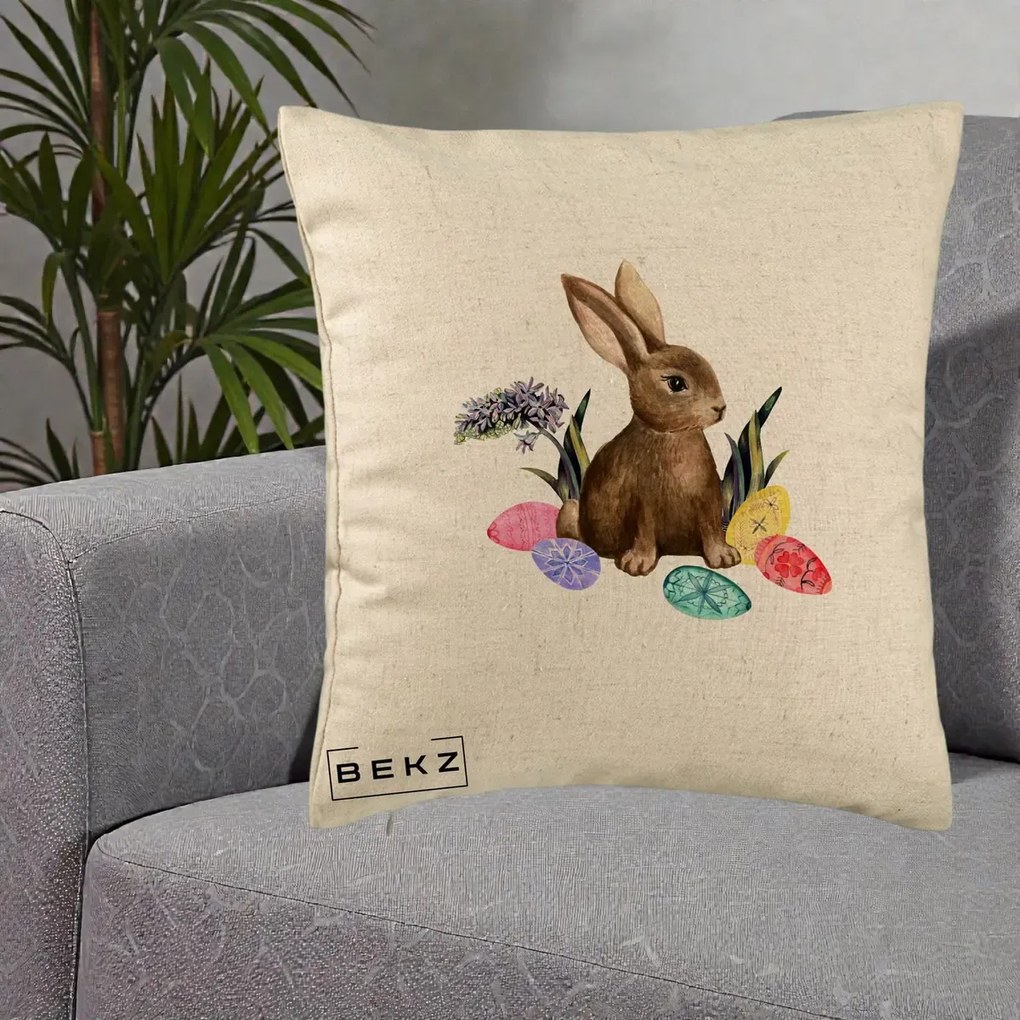 Perna Decorativa Iepuras cu Oua de Pasti Acuarela, 40x40 cm, Bej, Husa Detasabila, Perna Inclusa, BEKZ®