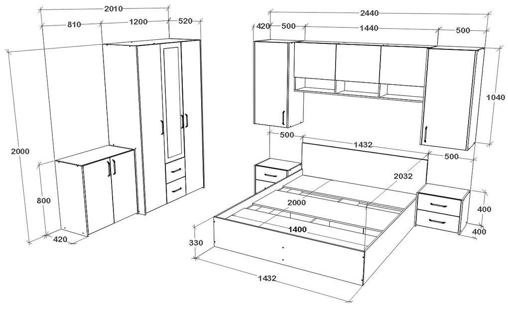 Set dormitor Malmo V14, Pat 200 x 140 cm, Stejar Alb/Antracit