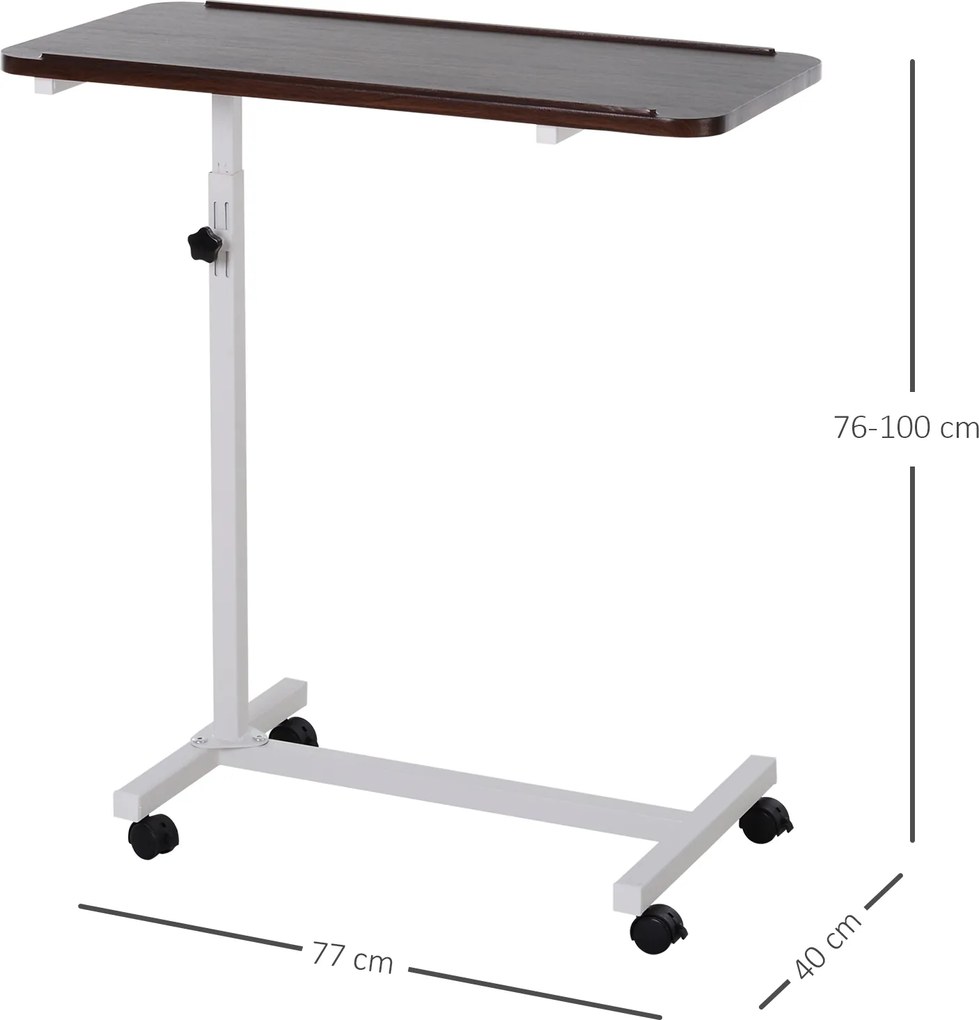 HOMCOM Masă auxiliară cu roți pentru canapea și pat Înălțime reglabilă și cadru din oțel 77x40x76-100 cm Nuc închis | Aosom Romania